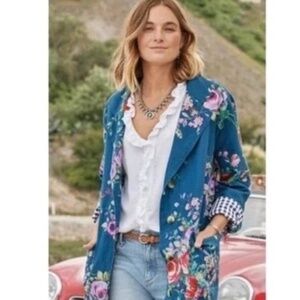 Sundance Bright Blue Floral Gingham Red Roses Cotton Topper 3/4 Length Coat S